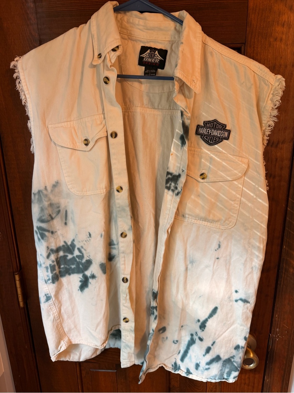 Harley-Davidson Cream and Blue Tie-Dye Sleeveless Button-Down Shirt